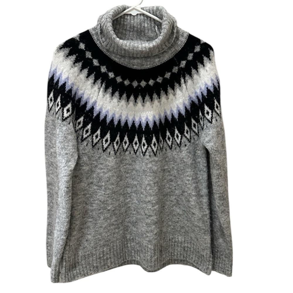 Aspen Fair Isle wool blend grey knit turtleneck sweater size Medium